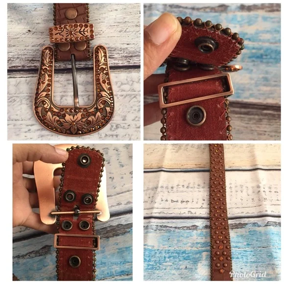 Womens Western Leather Belt Buckle Studded Cowgirl Brown Size Large - Picture 8 of 12